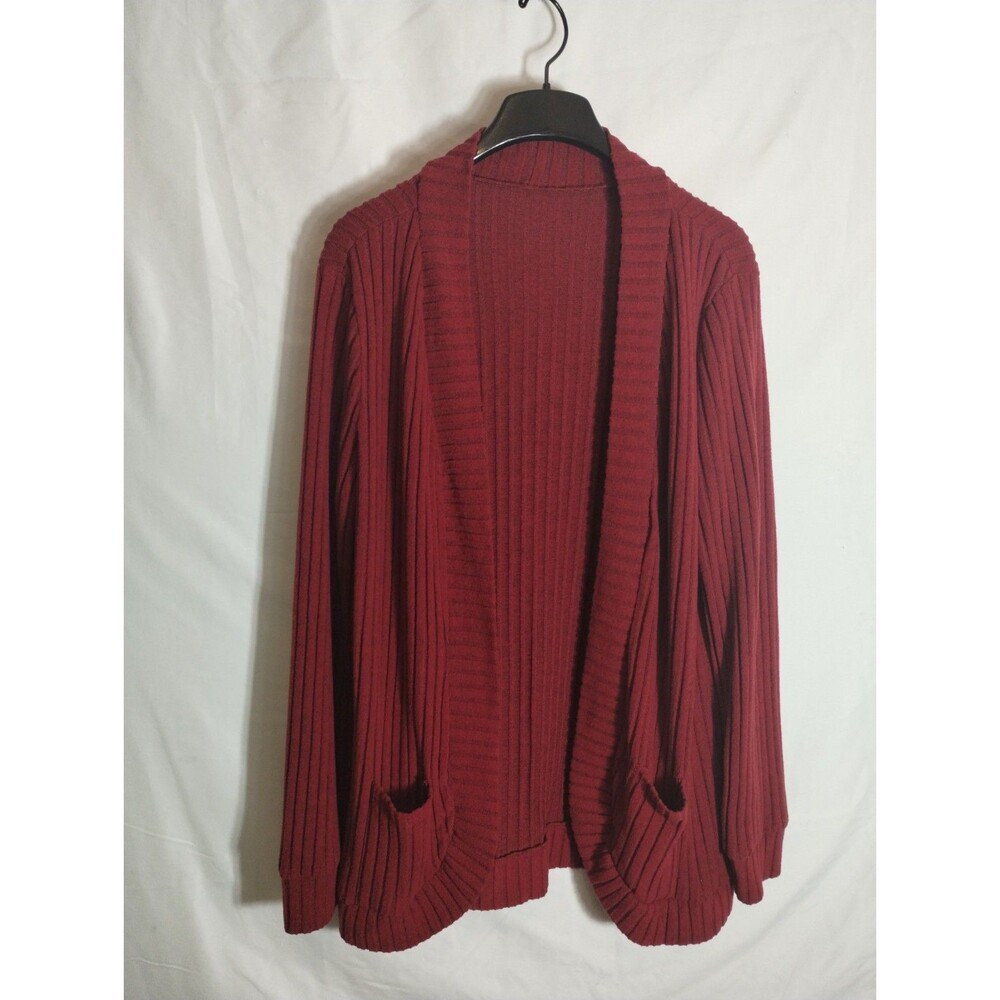 Burgundy Wine Red Ribbed Knit Open Front Cardigan Sweater Shawl Collar...